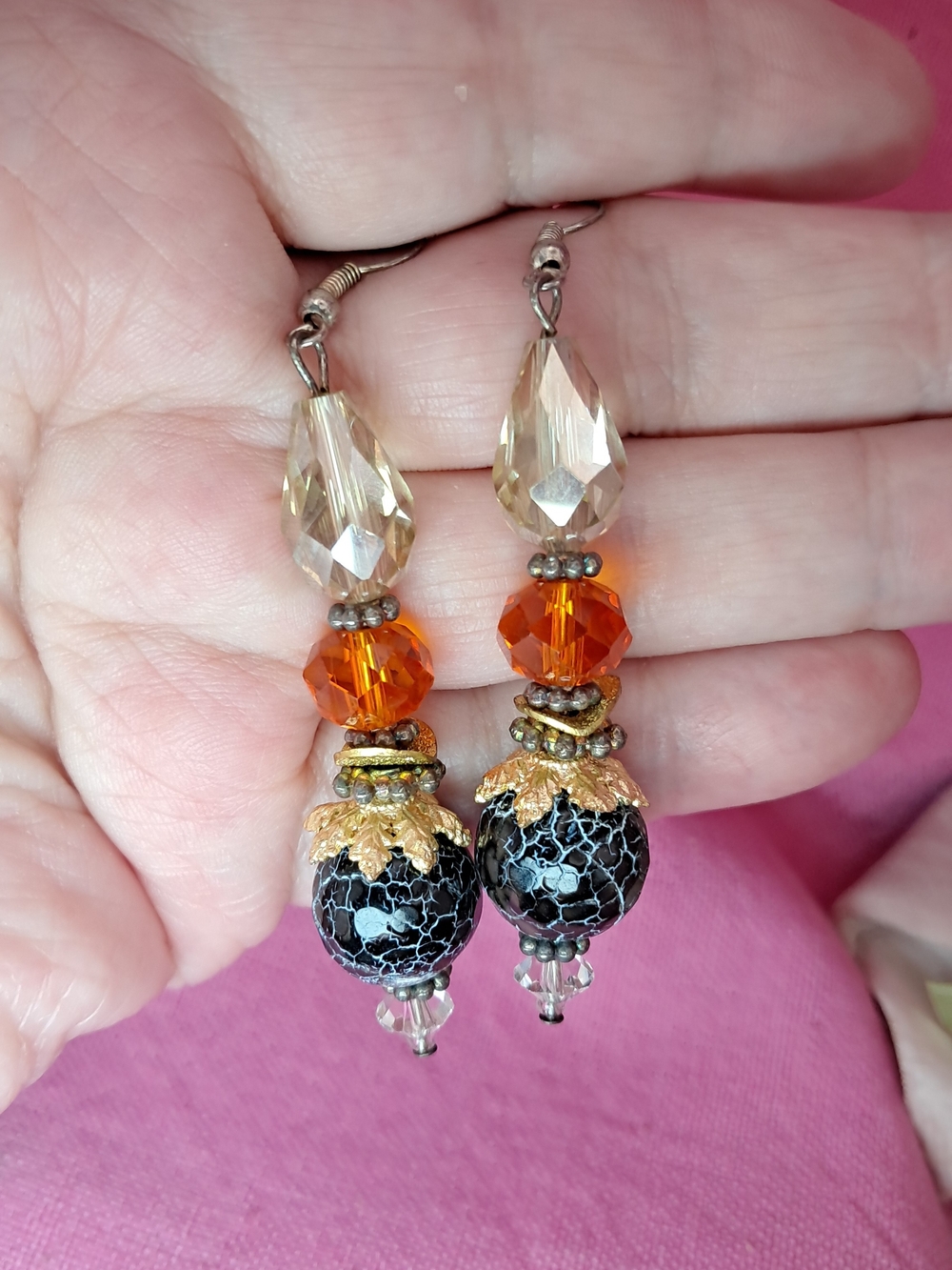 Artisan Vintage Multi-Bead Black Crackle Glass & Orange Crystal Drop Earrings